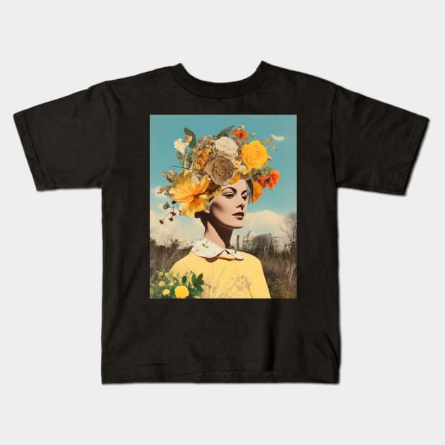 Yellow Flowers Female Portrait Collage Kids T-Shirt by Trippycollage